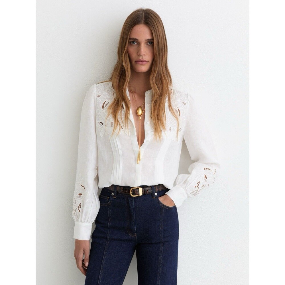 Reiss Ida Linen Embroidered Blouse Ivory Pleated Long Sleeve Top Size 6 US NWOT